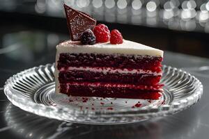AI generated red velvet cake on a glass plate photo