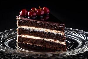 AI generated black forest cake on a glass plate photo