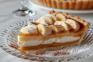 AI generated Banoffee Pie on a Plate. Banana cake with whipped cream and caramel on a plate photo