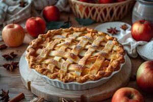 AI generated Apple pie on a wooden background photo