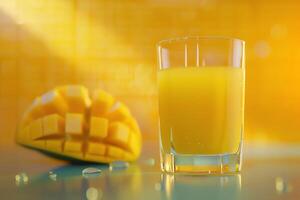 AI generated Glass of mango juice is on the table. closeup photo