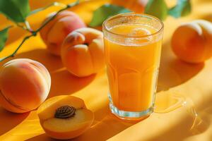 AI generated Glass of Peach juice is on the table. closeup photo