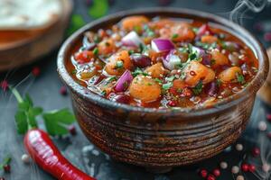 AI generated pozole mexican food in the kitchen table professional advertising food photography photo