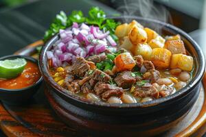 AI generated pozole mexican food in the kitchen table professional advertising food photography photo