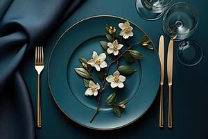 AI generated modern elegant event table and cutlery setting in a minimalist style advertising food photography photo