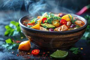 AI generated pozole mexican food in the kitchen table professional advertising food photography photo