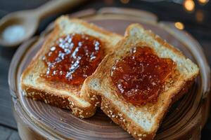 AI generated toasts with fruits jam on kitchen table professional advertising food photography photo