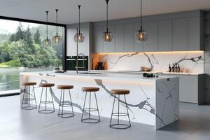 ai generado interior diseño de un moderno cocina con minimalista escandinavo mármol estilo fotografía foto