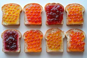 ai generado tostadas con frutas mermelada en cocina mesa profesional publicidad comida fotografía foto