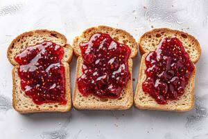 AI generated toasts with fruits jam on kitchen table professional advertising food photography photo