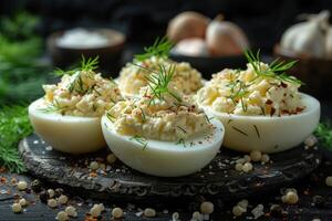 ai generado muy condimentado huevo en el cocina mesa profesional publicidad comida fotografía foto