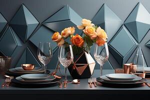 ai generado moderno elegante evento mesa y cuchillería ajuste en un minimalista estilo publicidad comida fotografía foto