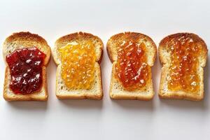 ai generado tostadas con frutas mermelada en cocina mesa profesional publicidad comida fotografía foto