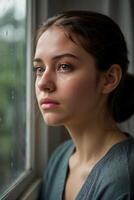 AI generated Somber Rainy Scene Expressive Portrait of Sad Woman by the Window photo