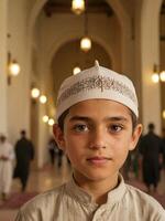 ai generado capturar alegría cinematográfico retrato de un contento musulmán niño generado por ai foto