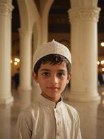 ai generado capturar alegría cinematográfico retrato de un contento musulmán niño generado por ai foto