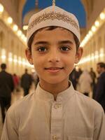 AI generated Capturing Joy Cinematic Portrait of a Happy Muslim Child Generated by AI photo