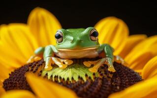 AI generated Frog sitting on sunflower photo