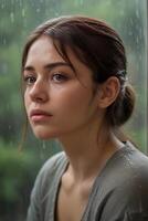 AI generated Somber Rainy Scene Expressive Portrait of Sad Woman by the Window photo