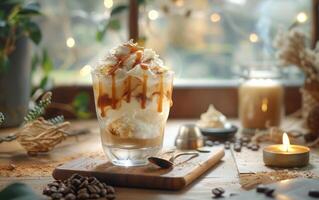 ai generado un vaso de con hielo caramelo bebida foto