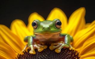 AI generated Frog sitting on sunflower photo