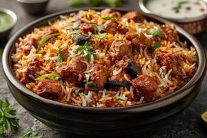 AI generated indian biryani rice professional advertising food photography photo