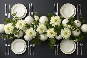 AI generated modern elegant event table and cutlery setting in a minimalist style advertising food photography photo