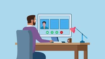 A businessperson is videoconferencing to discuss planning while working from home. Working remotely and Social isolation. 2D Animation video