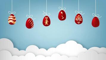 Easter eggs in a luxury style fall on top and hanging on a white rope. 2D Animation on a blue sky background. video