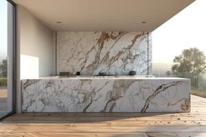 AI generated interior design of a modern kitchen with minimalistic scandinavian marble style photography photo