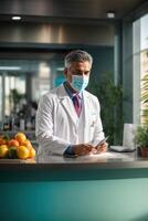 AI generated, Male physician standing at counter wearing a mask photo
