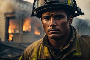 ai generado valor en medio de caos, un obsesionante retrato de un bombero dificil foto