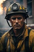 AI generated Courage Amidst Chaos, A Haunting Portrait of a Firefighter Struggle photo