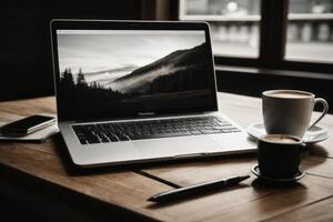 AI generated Analog Photography of Laptop on Wooden Desk photo