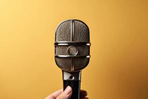AI generated Vintage Microphone in Close Up, Bright Yellow Background photo