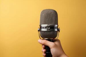 AI generated Vintage Microphone in Close Up, Bright Yellow Background photo