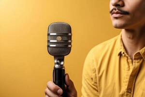 AI generated Vintage Microphone in Close Up, Bright Yellow Background photo