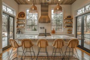 AI generated interior design of a modern farmhouse kitchen with wooden cabinets and floating shelves style photography photo