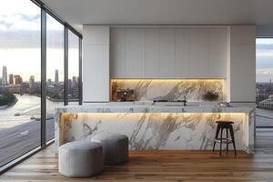 AI generated interior design of a modern kitchen with minimalistic scandinavian marble style photography photo