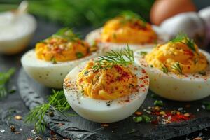 ai generado muy condimentado huevo en el cocina mesa profesional publicidad comida fotografía foto