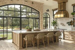 ai generado interior diseño de un moderno casa de Campo cocina con de madera armarios y flotante estantería estilo fotografía foto