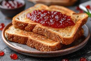 AI generated toasts with fruits jam on kitchen table professional advertising food photography photo