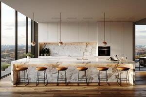 AI generated interior design of a modern kitchen with minimalistic scandinavian marble style photography photo