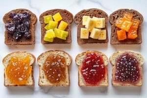 ai generado tostadas con frutas mermelada en cocina mesa profesional publicidad comida fotografía foto