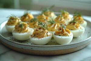 AI generated deviled egg in the kitchen table professional advertising food photography photo