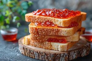 AI generated toasts with fruits jam on kitchen table professional advertising food photography photo