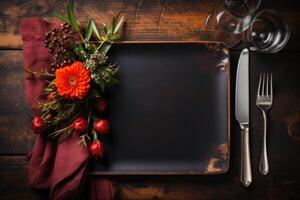 ai generado cuchillería ajuste en un restaurante mesa publicidad comida fotografía foto
