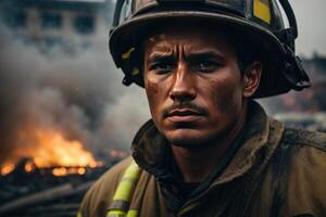 AI generated Courage Amidst Chaos, A Haunting Portrait of a Firefighter Struggle photo