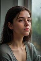 AI generated Somber Rainy Scene Expressive Portrait of Sad Woman by the Window photo