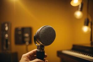 AI generated Vintage Microphone in Close Up, Bright Yellow Background photo